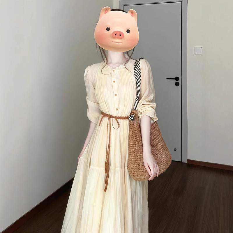 Yellow Lace Round Neck Half-Sleeved Dress for Women Summer New Style Super Nice Elegant Unique Beautiful A-Line Long Skirt