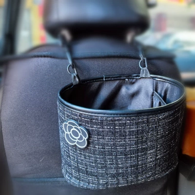 Car storage bag/box: in-car storage box - black-chanel-style-storage-bin-camellia-on-the-top-left