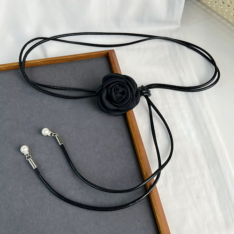 Xiaoxiangfeng Camellia Flower Decorative PU Waist Rope Women's Soft Knotted Waist Rope Tight Waist Decorative dress Skirt Leather Rope