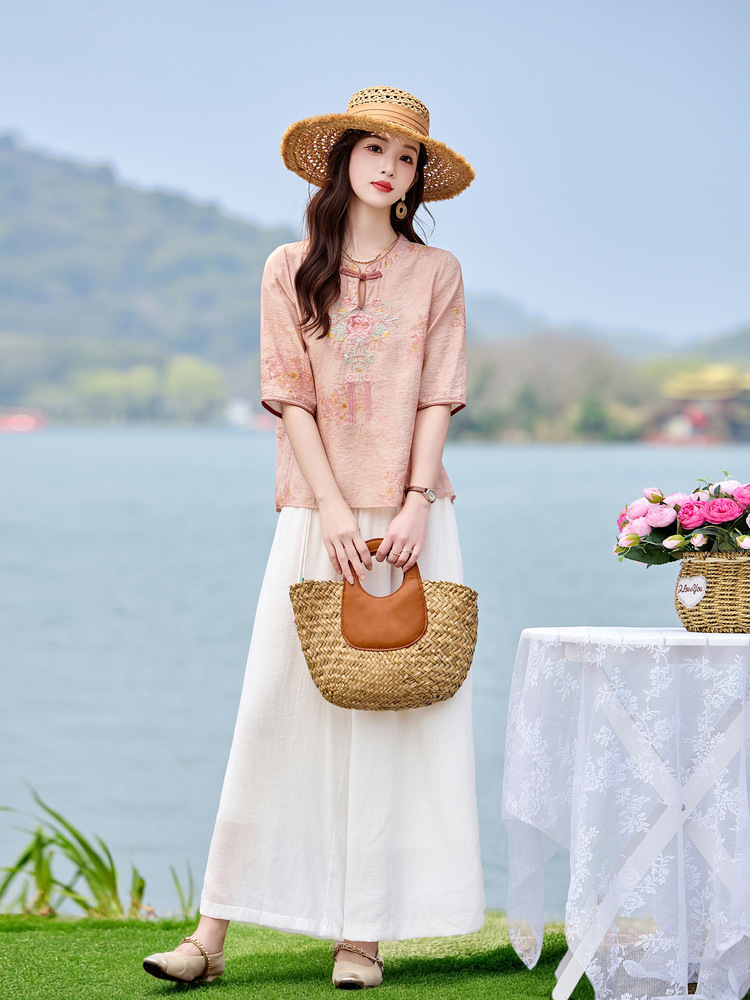 Bộ quần áo nữ hai mảnh sơ mi thêu họa tiết quốc phong kết hợp quần ống đứng MM6617 — xanh lam, Màu hồng