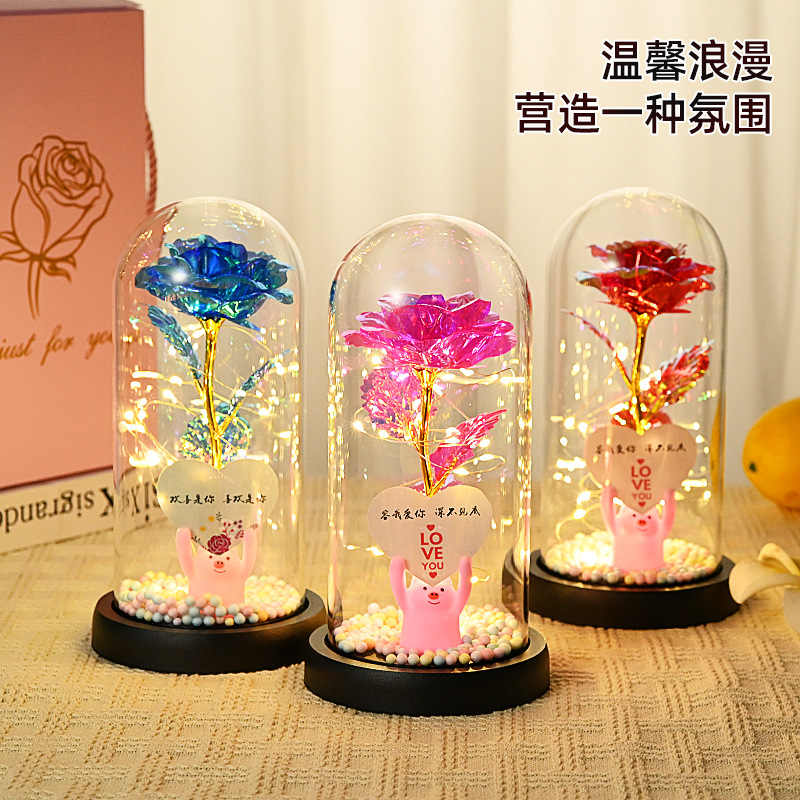 跨境金箔玫瑰花永生花玻璃罩发光led灯圣诞情人节礼创意礼品摆件
