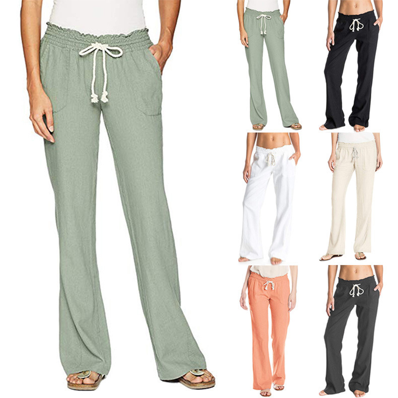 European and American 2025 New Soft Cotton and Linen Women's Pants Amazon Pure Color Lace-Up Loose Casual Wide-Leg Pants for Women