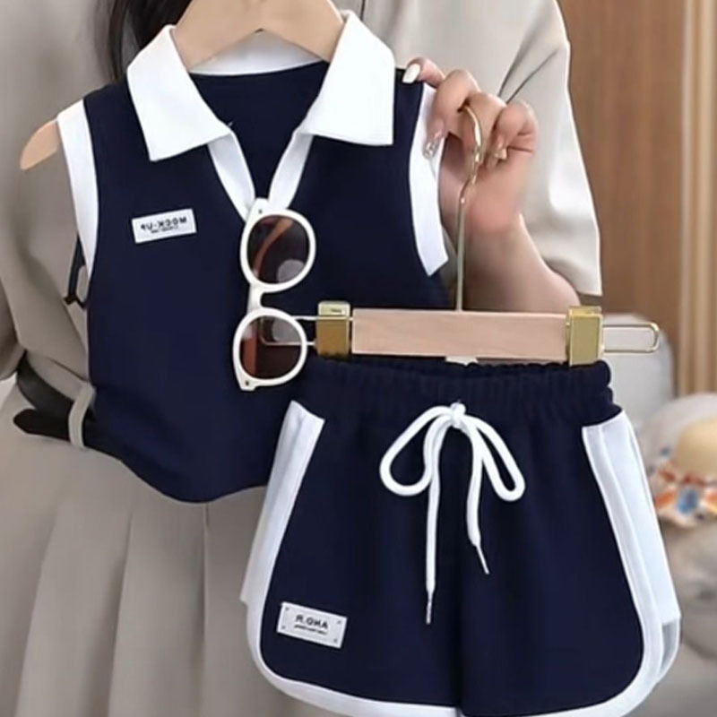 소녀 여름 새 세트 어린이 민소매 폴로 셔츠 세련된 투피스 캐주얼 세트 28075