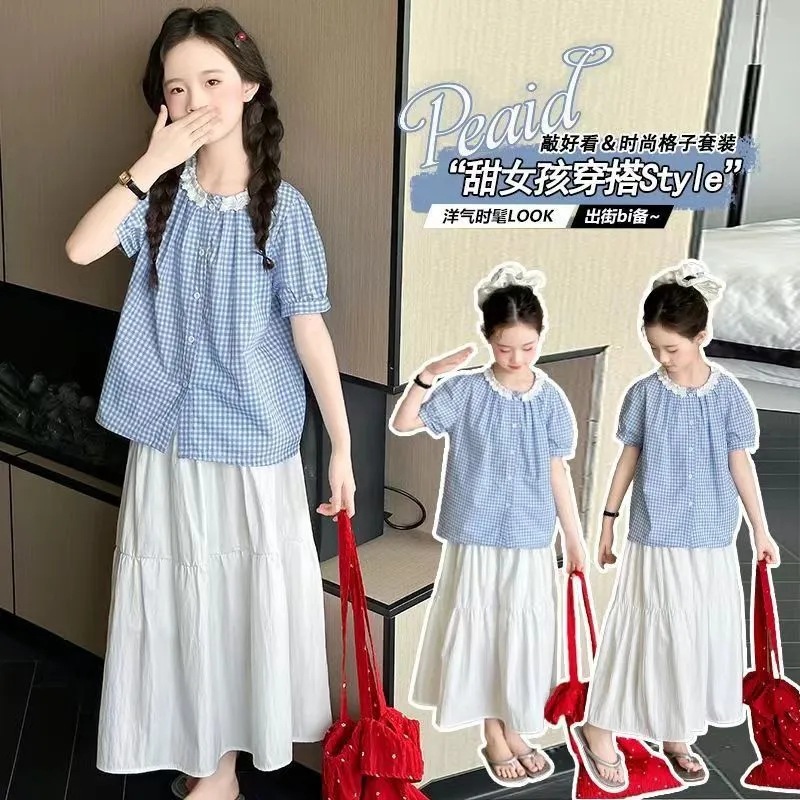 Girls Summer Suit 2025 New Girls Plaid Top Two-Piece Thin Summer Suit for Girls Korean Style Clothes
