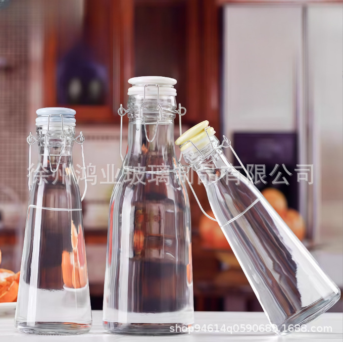新款玻璃奶茶瓶鲜油瓶卡扣陶瓷盖酵素葡萄酒果汁饮料密封 泡酒瓶