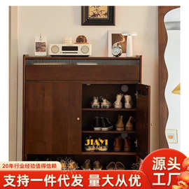 黑色实木鞋柜玄关储物柜小户型入户收纳柜带抽抽屉现代简约柜子