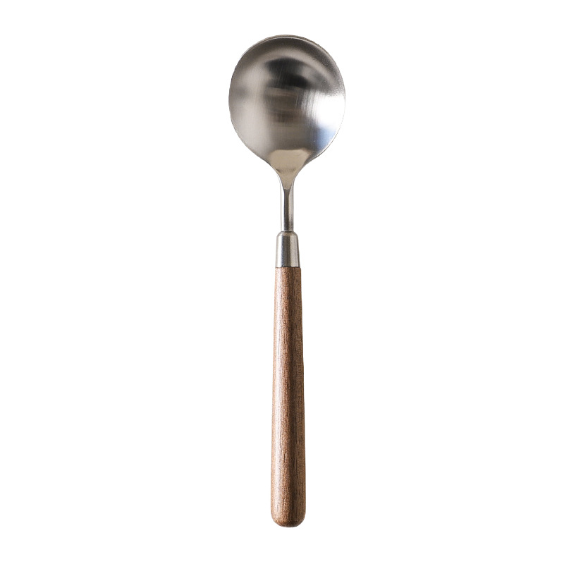 Tres nieblas retro cubiertos de madera sólida de nuez filete cuchillo y tenedor de postre cucharas de acero inoxidable cubiertos de comida occidental refinado