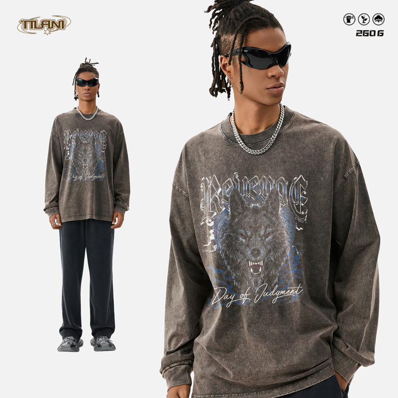 TILANI men's cross-border special for autumn and winter new products, wild wolf prints, men's thin long-sleeved T-shirt, loose base shirt