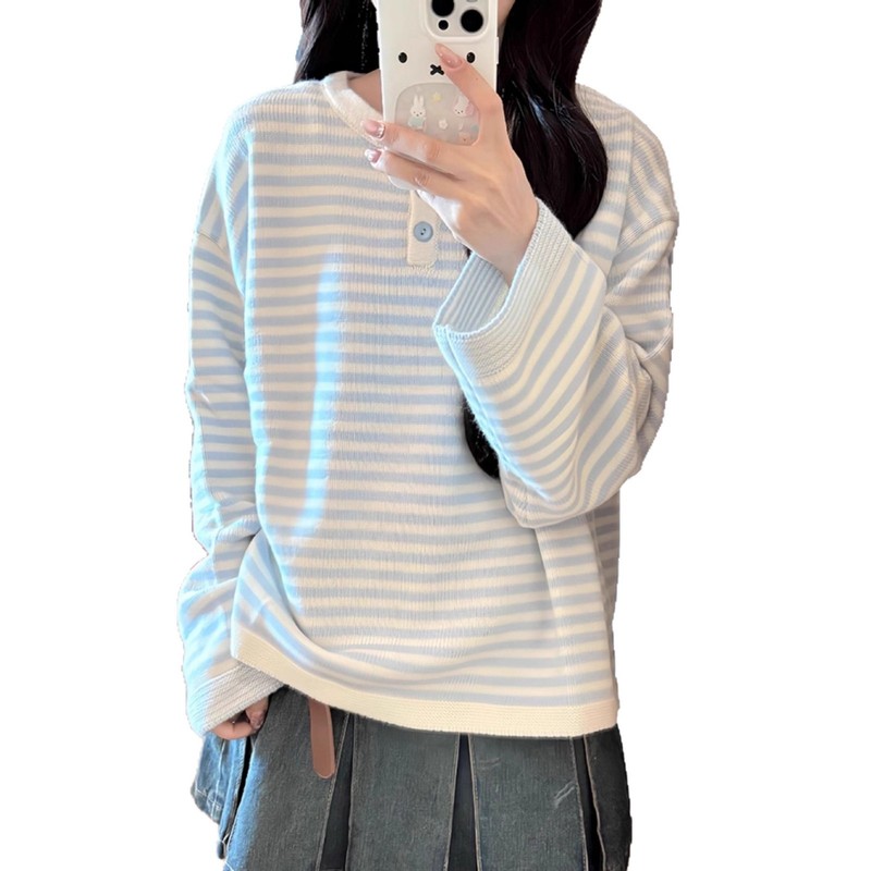 绵羊绒#韩系复古蓝色条纹纽扣长袖针织衫女秋冬休闲百搭显瘦上衣|undefined