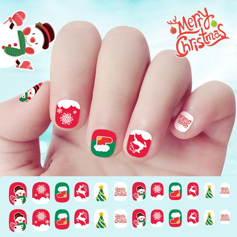 Nueva Navidad para niños pieza de uñas 24 piezas portátil pieza de uñas terminado ciervo muñeco de nieve parche falso clavo pieza de uñas