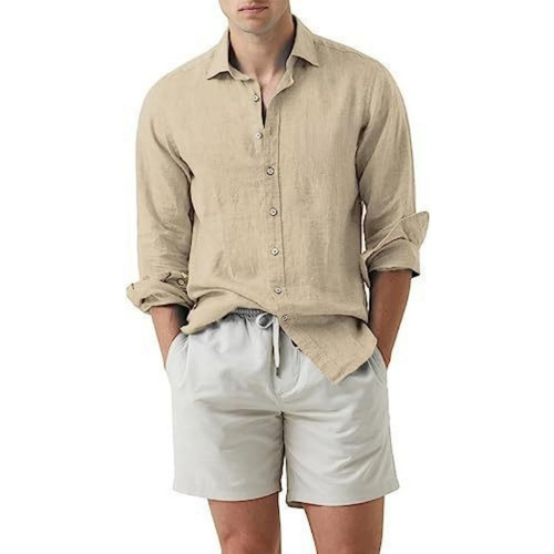 Summer European and American Cotton Linen Solid Color Men's Shirt Youth Casual Cotton Linen Lightweight Breathable Men's Shirt