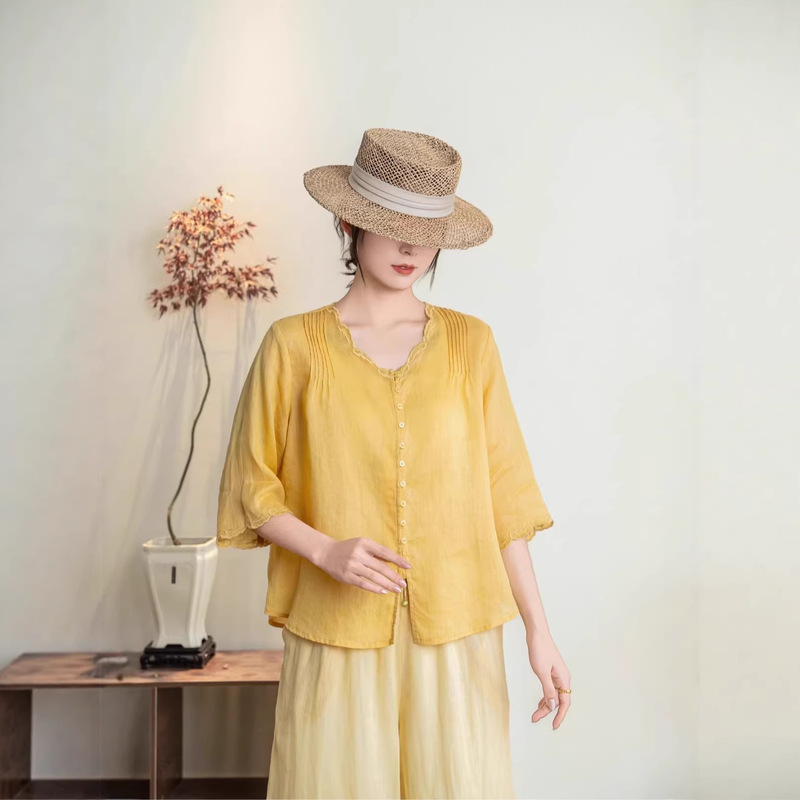 2026 Summer New Fashion Lace V-Neck Single-Breasted Five-Quarter Sleeve Shirt with Artistic Embroidery and Ramie Casual Shirt 2026 Summer New Fashion Lace V-Neck Single-Breasted Five-Quarter Sleeve Shirt with Artistic Embroidery and Ramie Casual Shirt