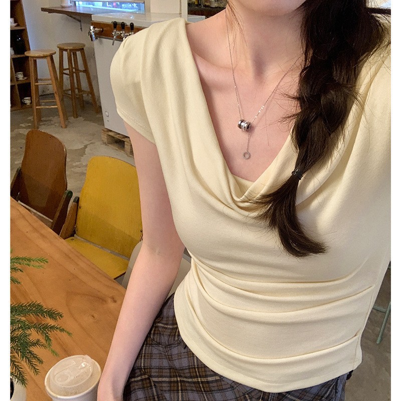 One-Piece, Three-Wear Design, Swung Collar, Slim Fit, Elastic Short-Sleeved T-Shirt for Women, Summer One-Line Slanted Shoulder Short Top