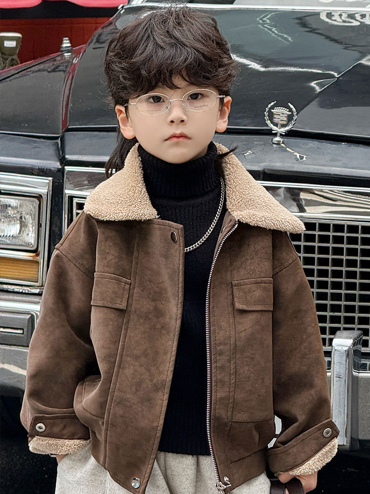 25780 коричневый меховой воротник плюс бархатная кожаная куртка