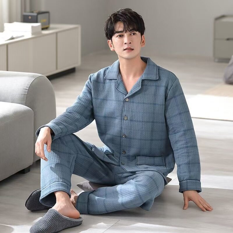 Pijama de hombre otoño y invierno engrosado aire de algodón de manga larga mezclado juvenil de mediana edad caliente primavera y otoño set de ropa de algodón casero