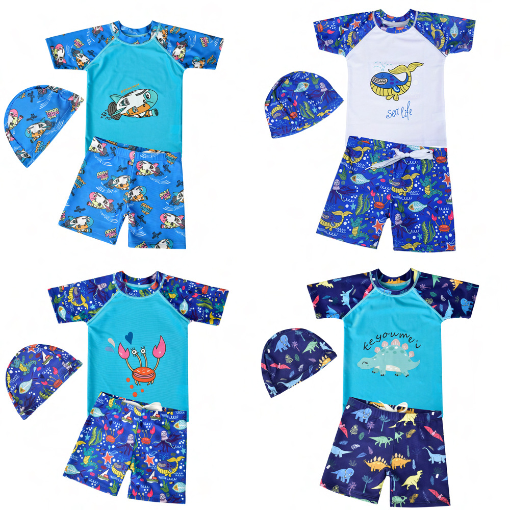 Boys' Children's Swimsuit Swimsuit Big Children's Hot Spring Swimsuit Short-sleeved Baby Cartoon Boy Three-piece Suit
