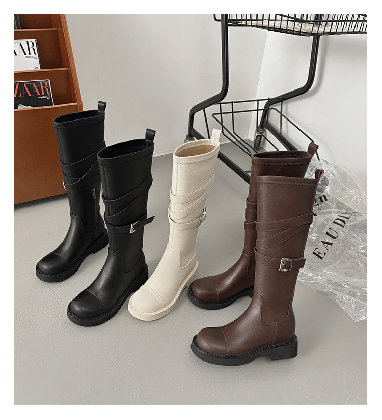 Boot nữ mũi tròn cao gót đế dày phong cách hiệp sĩ có khóa thắt lưng — Lớp lót nhung đen chi tiết 3