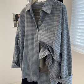 韩版复古磨毛蓝色格子长袖衬衫女2025春秋新款宽松慵懒风外搭上衣