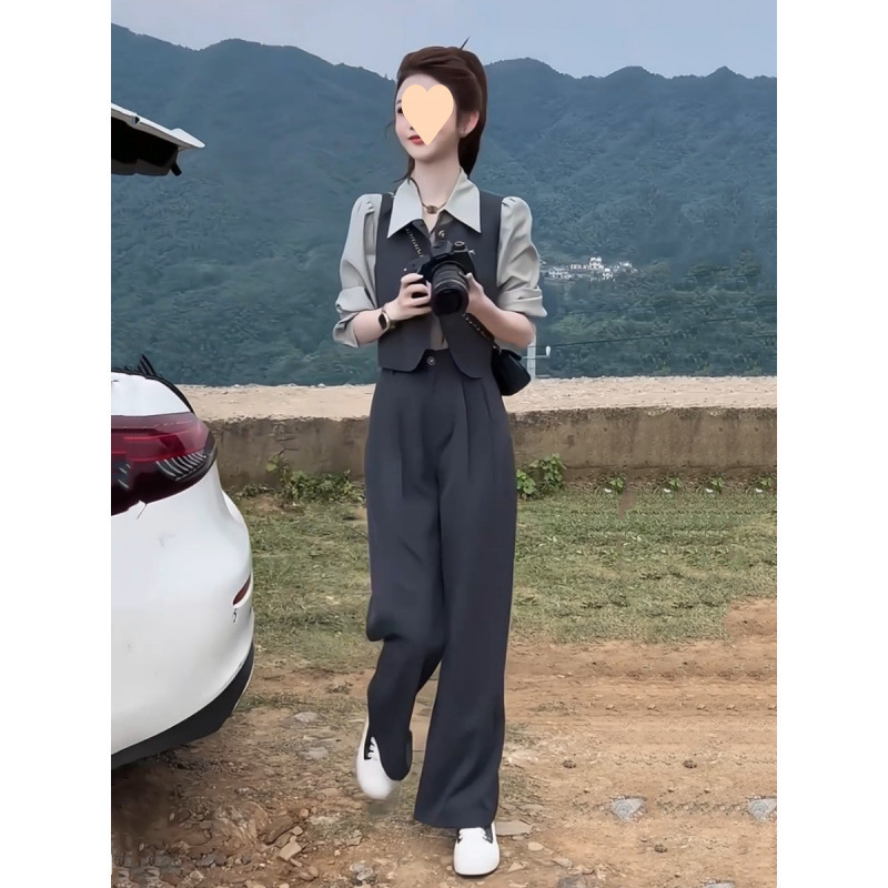 小个子减龄气质套装女2025春季新款长袖衬衫马甲长裤显瘦三件套|undefined