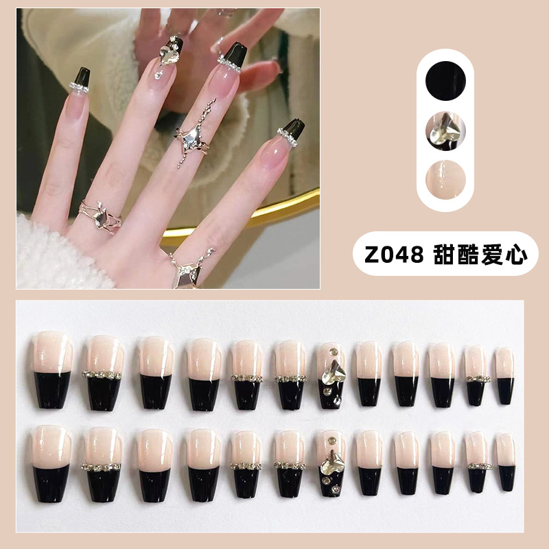 Strictly Choose Black French Long Wearing Armor Rhinestone Chain Sweet Cool Love Nail Art Removable Fake Nail Finished Products