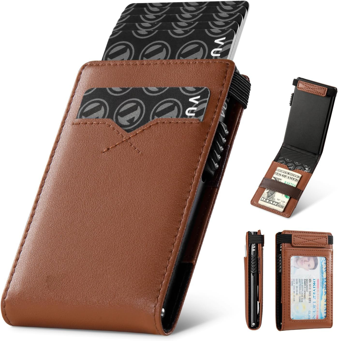 Amazon doble doble flip caja de tarjetas metálicas multifuncional RFID anti-robo cartera de cuero multi-carjeta cartera de negocios