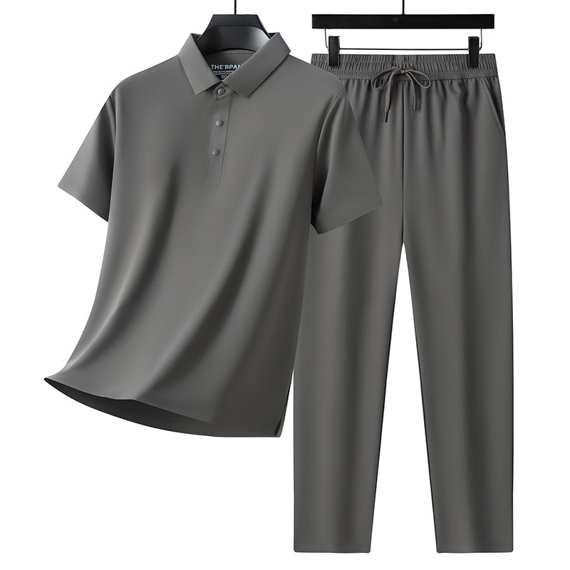 Men's Casual Sports Suit Summer Polo Shirt Quick-Drying Short-Sleeved T-Shirt Two-Piece Set Made of Nylon Elastic Fabric Without Traces Men's Casual Sports Suit Summer Polo Shirt Quick-Drying Short-Sleeved T-Shirt Two-Piece Set Made of Nylon Elastic Fabric Without Traces