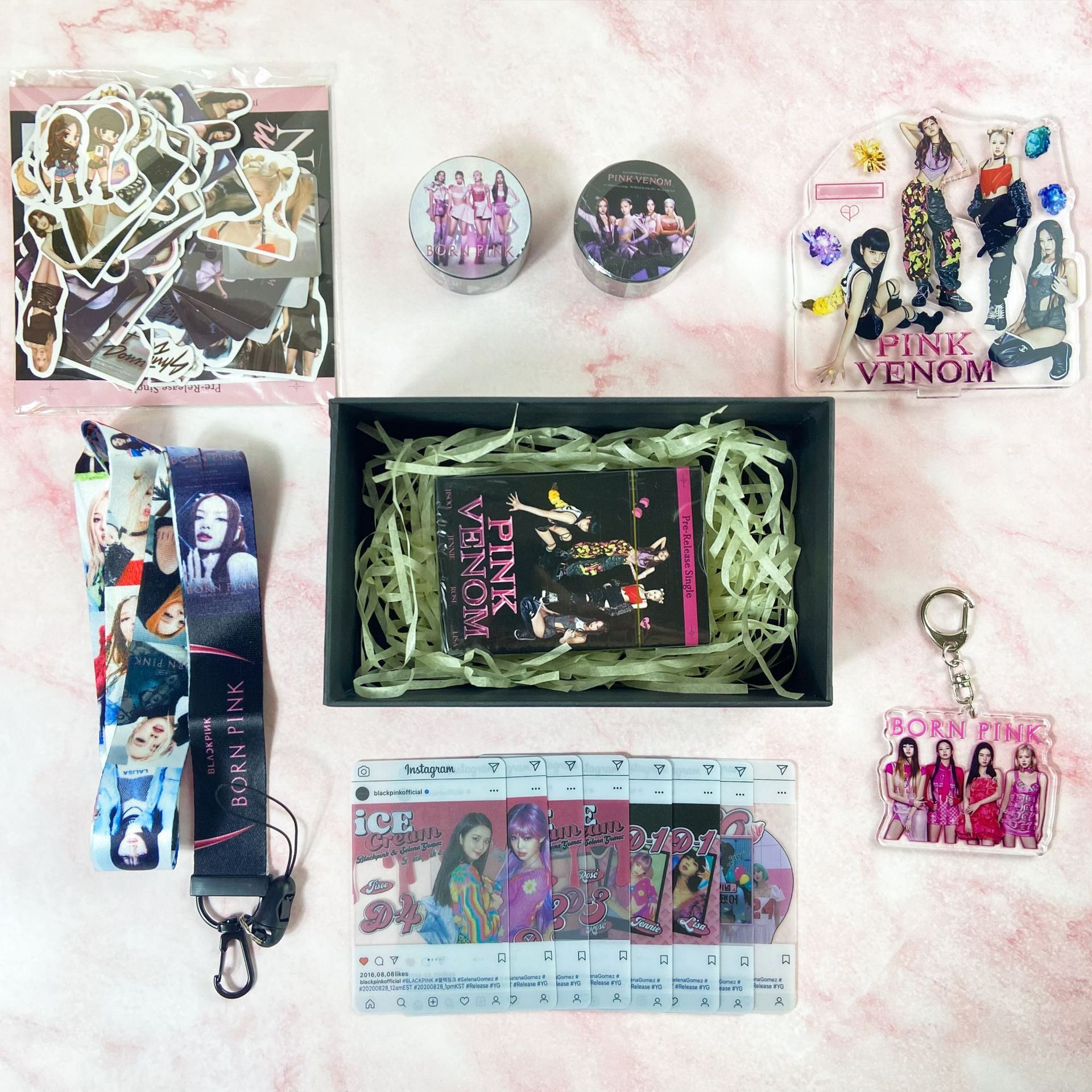 Negro Rosa tinta nuevo álbum BORN PINK periférica pie pegatina pequeña tarjeta traje cordón llavero caja de regalo