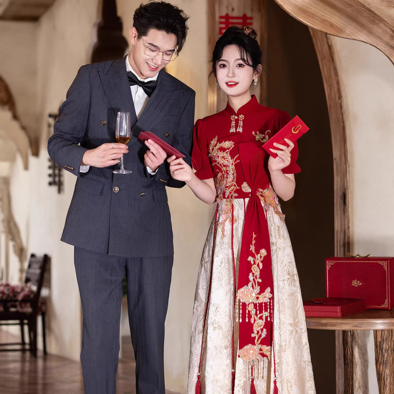 Chinese-Style Red Qipao Toast Dress for Bride 2026 New Engagement Dress Wedding Casual Wear Slimming Long Dress Chinese-Style Red Qipao Toast Dress for Bride 2026 New Engagement Dress Wedding Casual Wear Slimming Long Dress