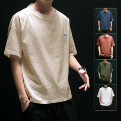 夏の男性半袖tシャツメンズ綿麻丸襟カジュアル中国風亜麻大サイズゆるいtシャツ卸売り