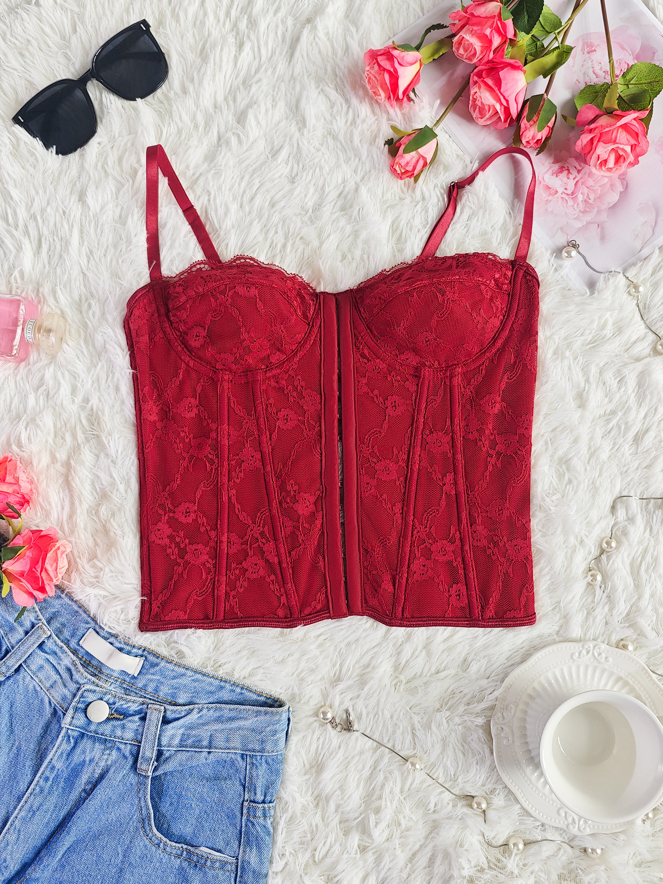 French Style Strapless Shapewear Camisole With Jacquard Bra Design_voghion.com