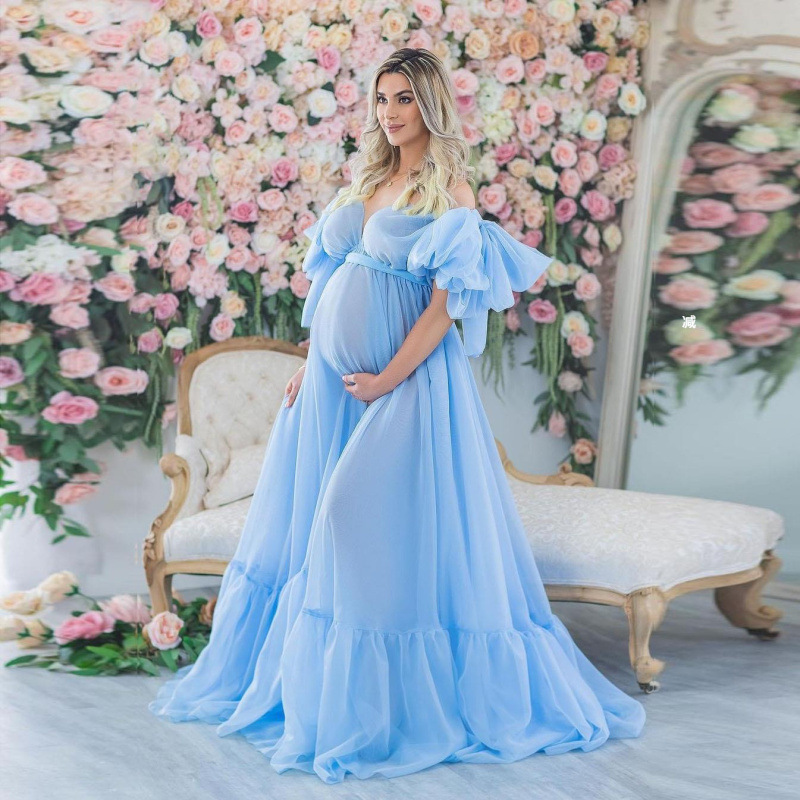 Bride blue chiffon wedding dress evening dress studio photography maternity photo clothing sweet solid color puff sleeve bow