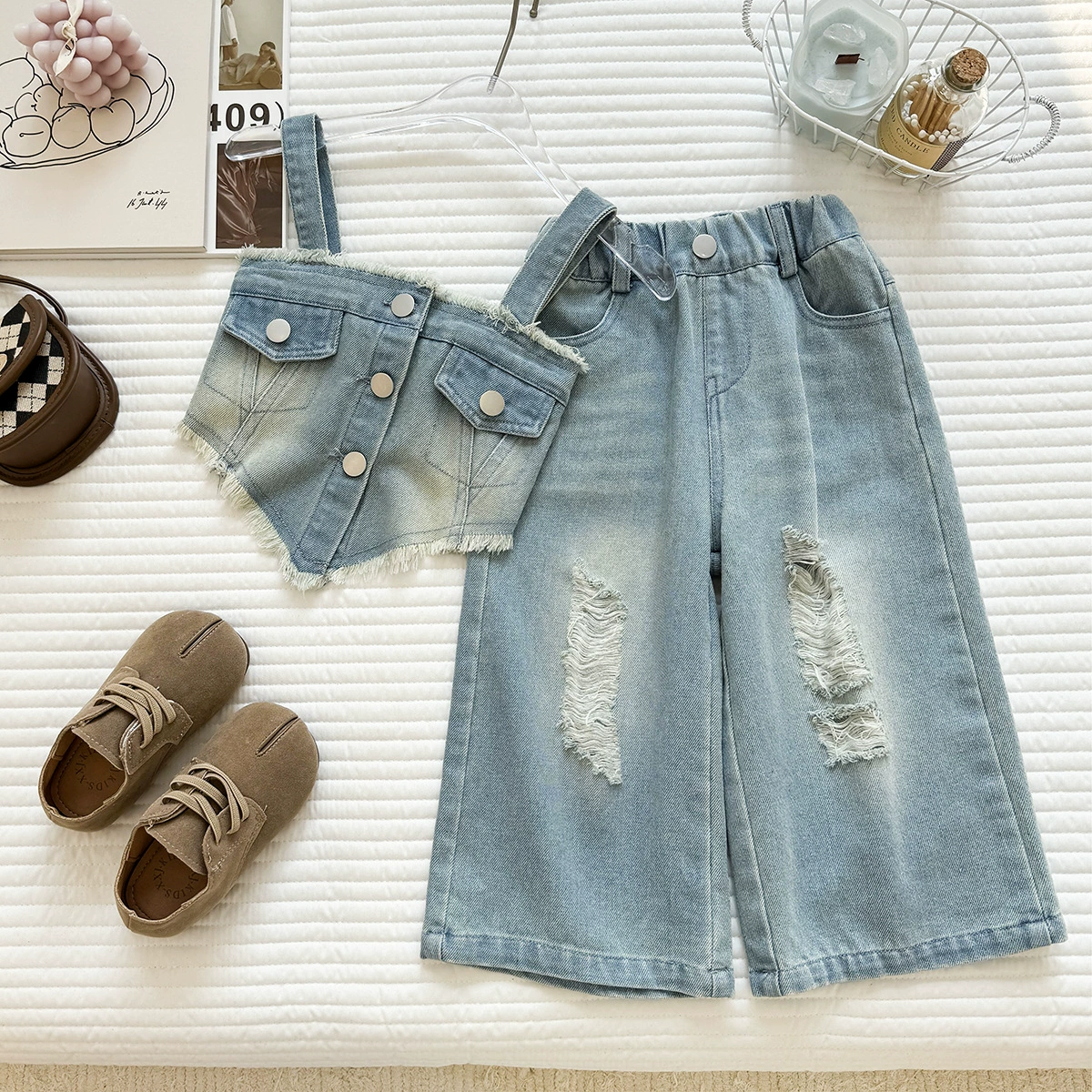 Denim summer set, top with cups, children's trousers