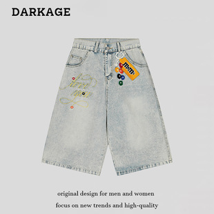 2025 New Summer Retro Distressed Water Towel Embroidered Letter Denim Shorts for Men and Women Wide-Leg Cropped Pants