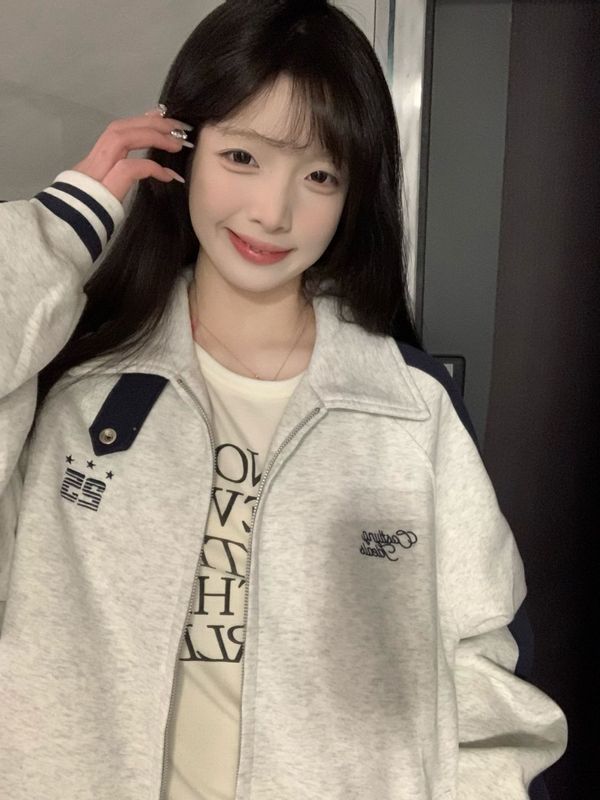 美式复古撞色拼接立领开衫卫衣女春秋学院风宽松情侣夹克上衣外套|undefined