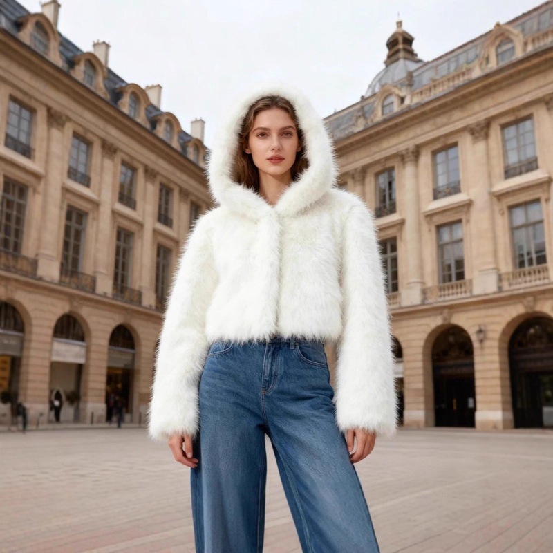 Wholesale Fur Source Factory Cross-Border Autumn and Winter Eco-Friendly Faux Fur Hooded Coat Women's Jacket White