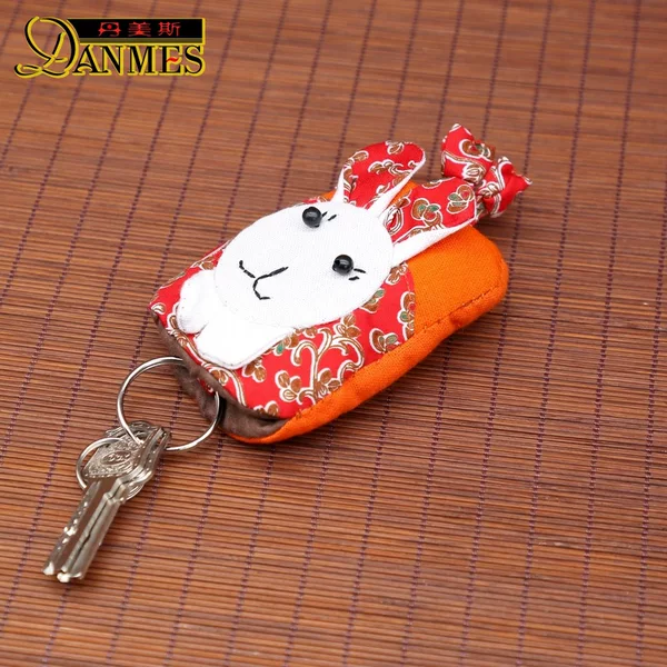 New ethnic style fabric key case cute cartoon key chain retractable key storage bag with key ring