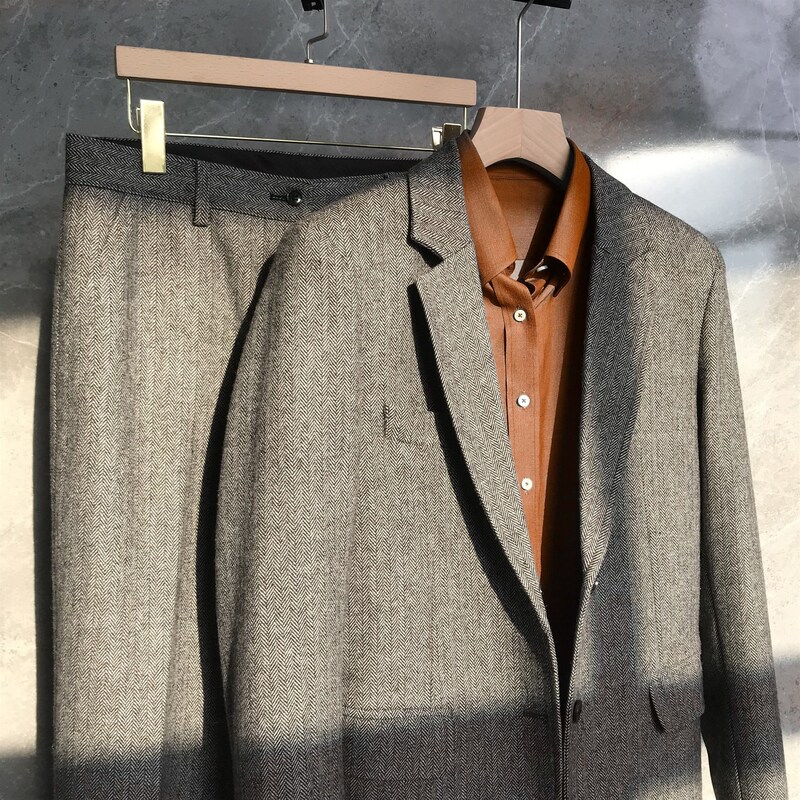 Autumn and Winter Thickeneded Wool Tweed Suit Three-Piece British Retro Herringbone Wool Suit