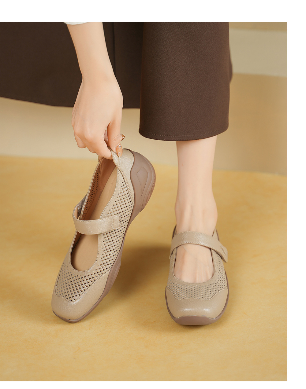 Giày sneaker nữ đế dày da cừu quai ngang lỗ rỗng — màu trắng ngà chi tiết 5