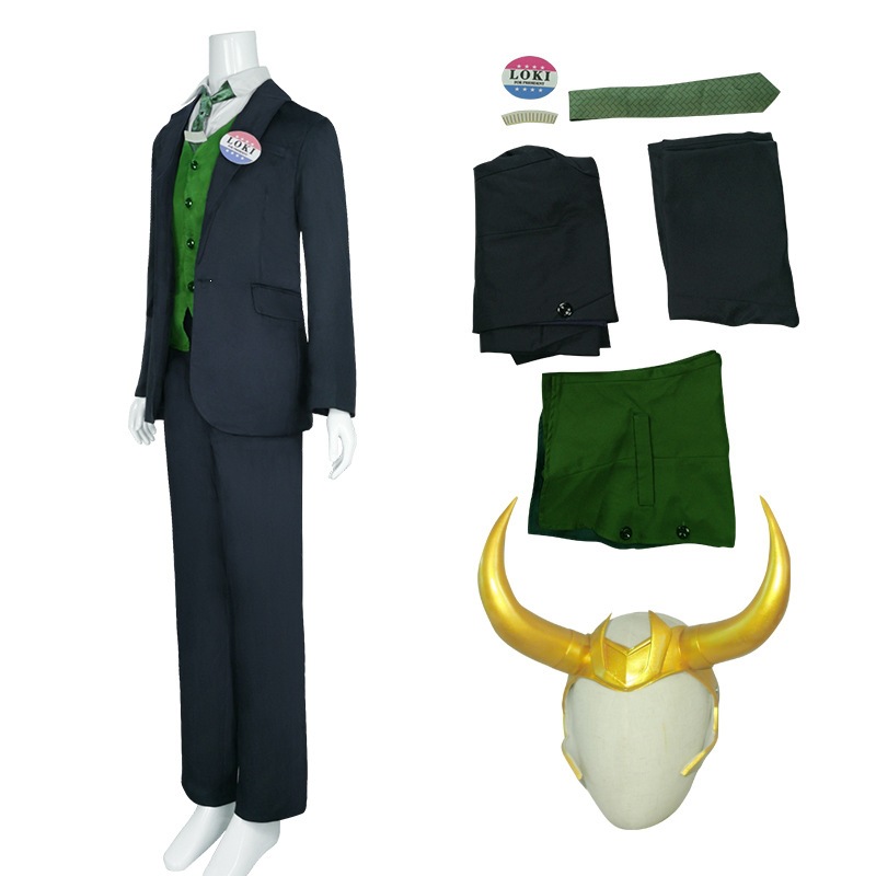 Loki kospley libosi, Thor Loki 1-mavsumining xuddi shu uslubi, Loki hikoya kospley erkak to'liq to'plami, bosh kiyimi va jang kostyumi.