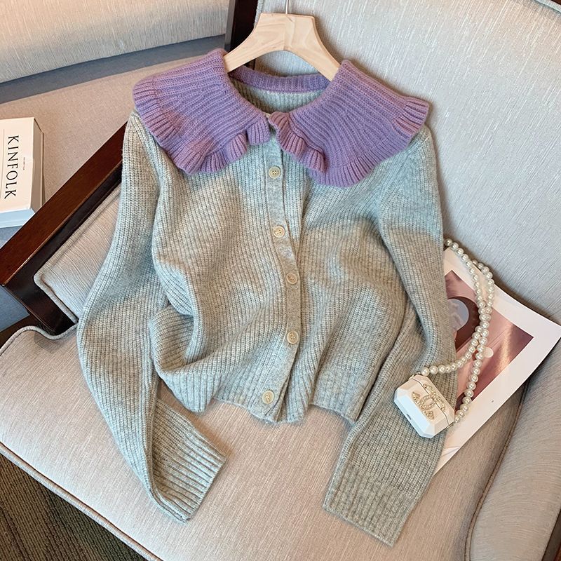 Lapel Sweater Sweet By age Doll collar knitting Cardigan 2022 Lazy Hit color Versatile Exorcism sweater