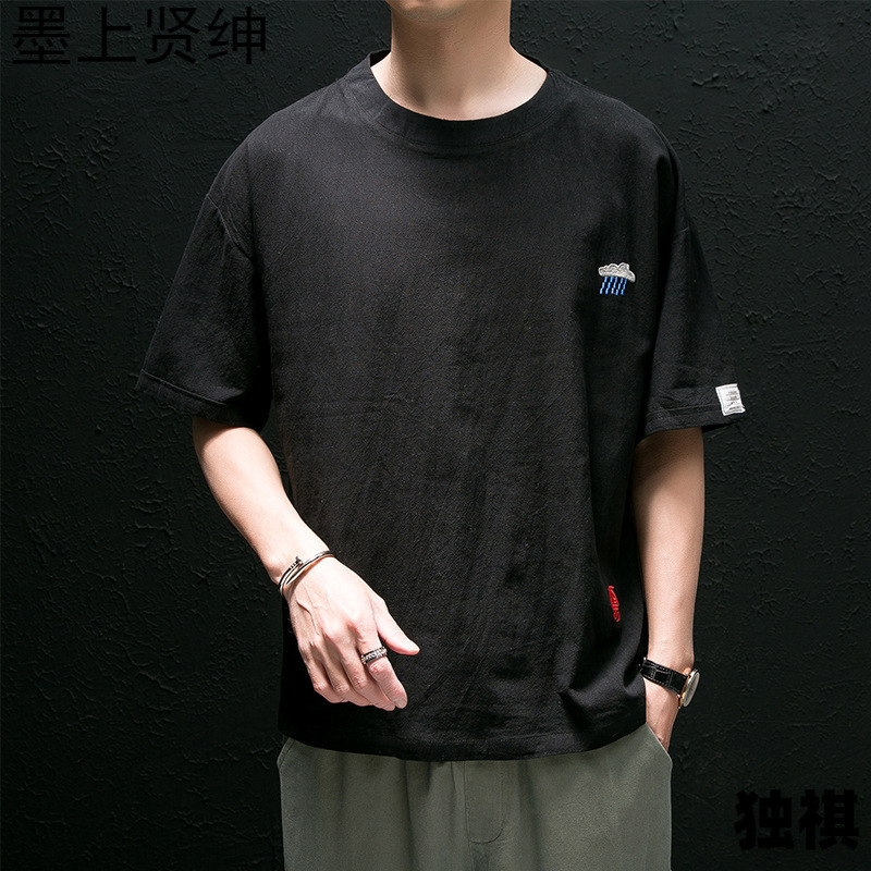 Verano estilo chino color sólido lino de manga corta ropa de verano para hombres algodón lino hielo seda camiseta ropa de hombre ropa japonesa suelta media manga