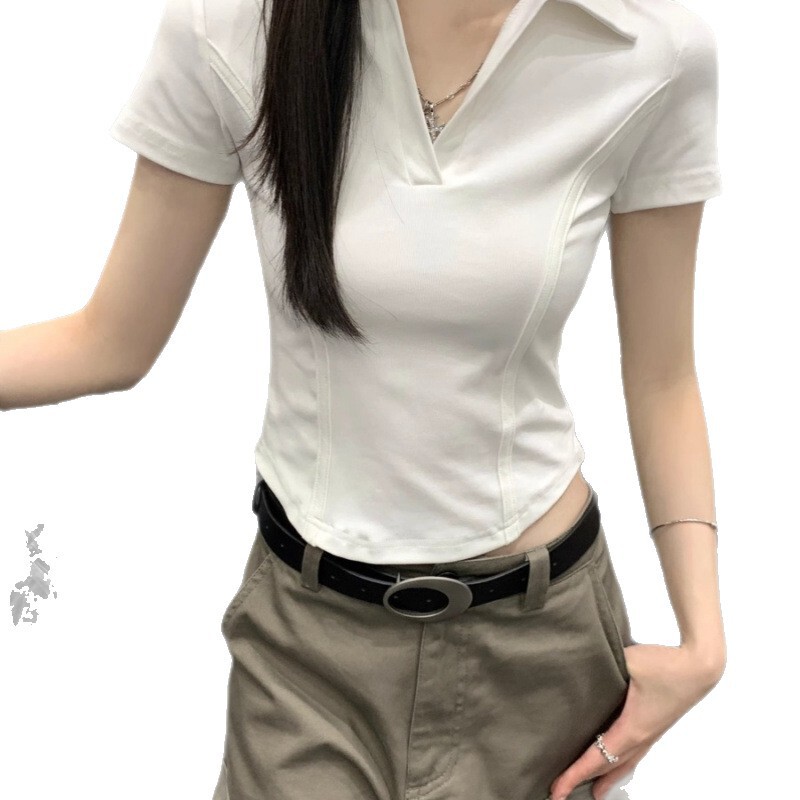 2025年初夏着用新作右肩ポロカラー半袖Tシャツレディースユニークで美しいニッチシャツショートトップ|undefined