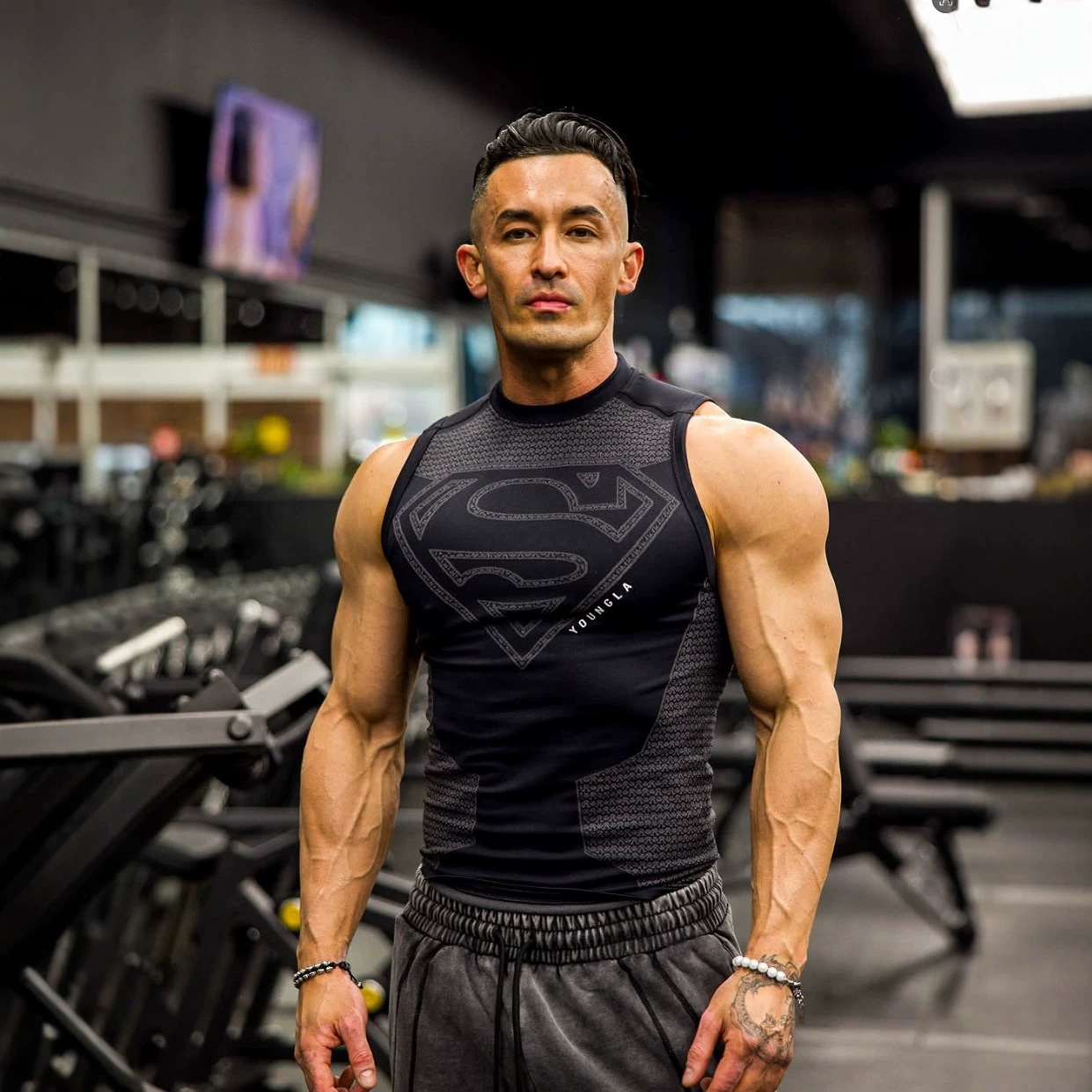 European and American Style Young Superman Logo Collaboration Vest Men's Fitness Sports Training Quick-Dry Inner Wear Elastic T-Shirt Summer