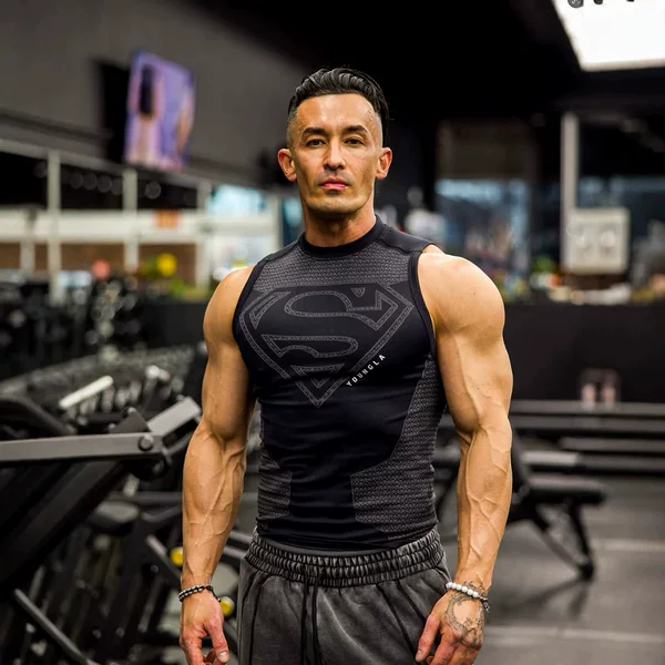 European and American Style Young Superman Logo Collaboration Vest Men's Fitness Sports Training Quick-Dry Inner Wear Elastic T-Shirt Summer