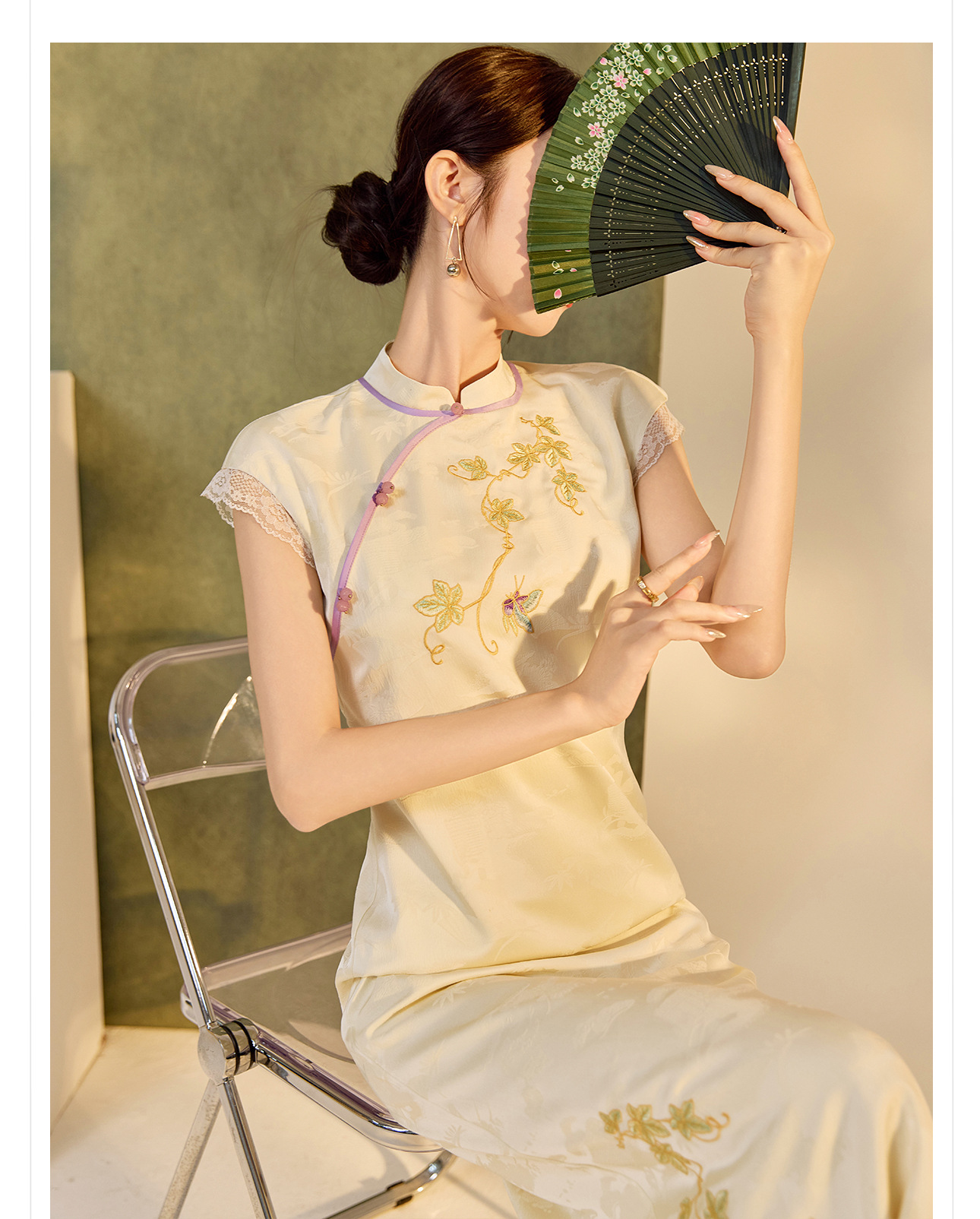 Đầm tay phồng cổ đứng phong cách Trung Hoa mùa hè, sườn xám thêu cải tiến cao cấp — Màu trắng, Màu mơ chi tiết 5