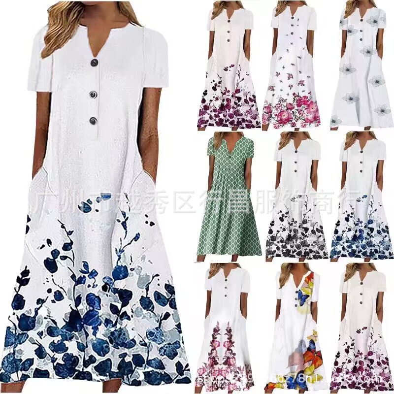 2023 Amazon Women's Printed V-Neck Button Short Sleeve Pocket Dress