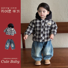 冬季新款0-3岁小男孩款连帽夹克棉服童装男童格子外套牛仔裤套装1