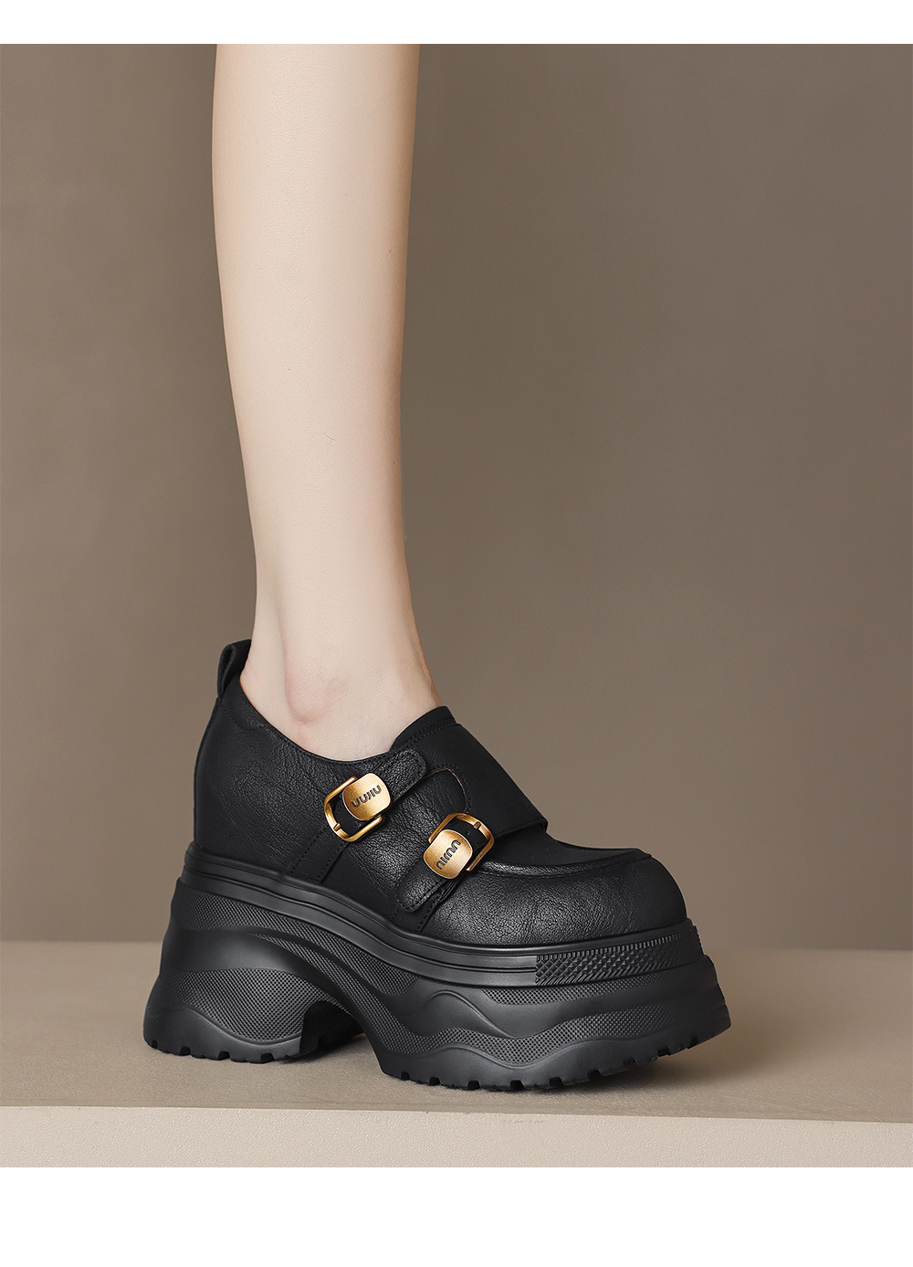 Giày loafer nữ đế xuồng cao 12 cm, miệng sâu cổ điển, khóa thắt lưng — Màu đen, Màu đen kaki chi tiết 9
