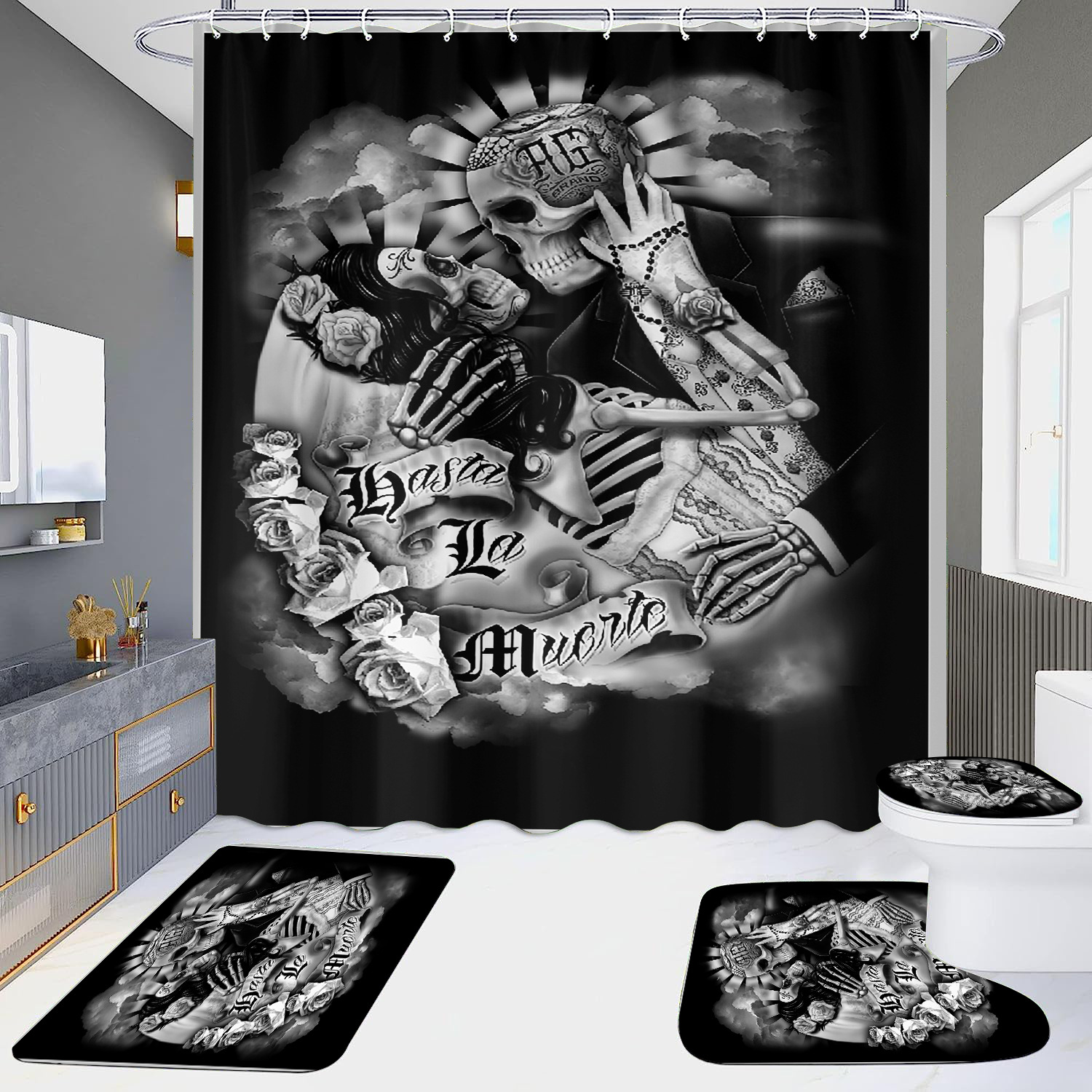 Cortina de ducha de suministro directo transfronterizo conjunto de cuatro piezas hd impermeable sin perforaciones baño hotel baño partición cortina wansheng cráneo