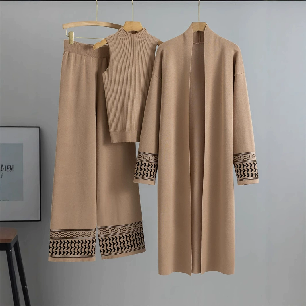 Европейский кросс-бордерный комплект из трикотажа для женщин: жилет, кардиган и широкие брюки (три предмета)